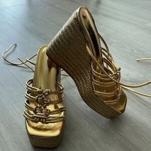 Public Desire Gold Wedge Sandals with Strappy Design